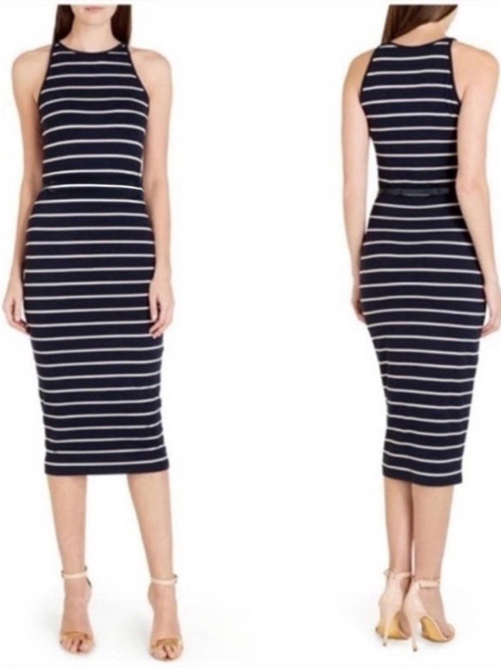 Ted Baker Linn Striped Jersey Knit Midi Dress in Black/White Size S